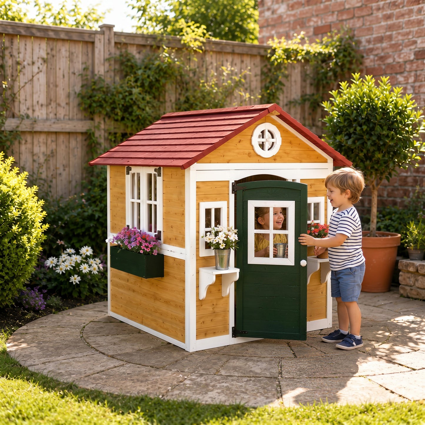 Wooden Playhouse with Doors, Windows, Plant Pots, Boxes, for 3-8 Years - Beige
