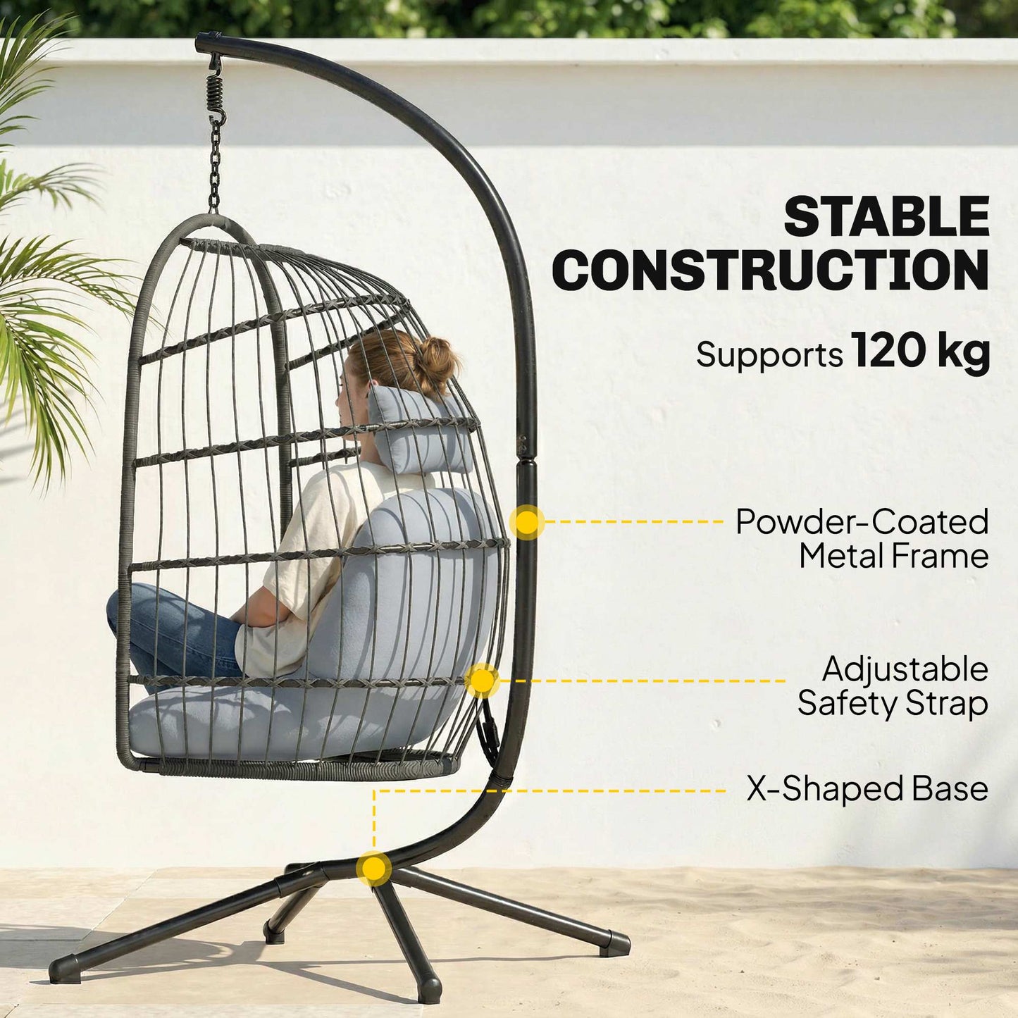 Hanging Egg Chair, Indoor Outdoor Hammock Swing Chair with Stand, Safety Strap, Foldable Basket, Dark/Light Grey