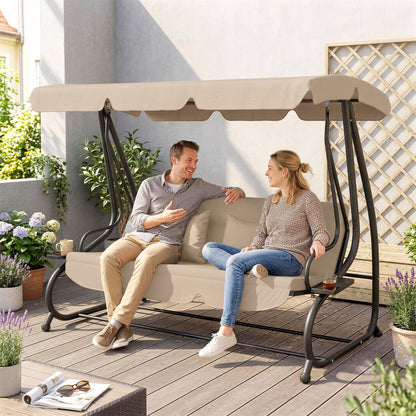 Three-Person garden Swing Chair, with Adjustable Canopy - Light Brown