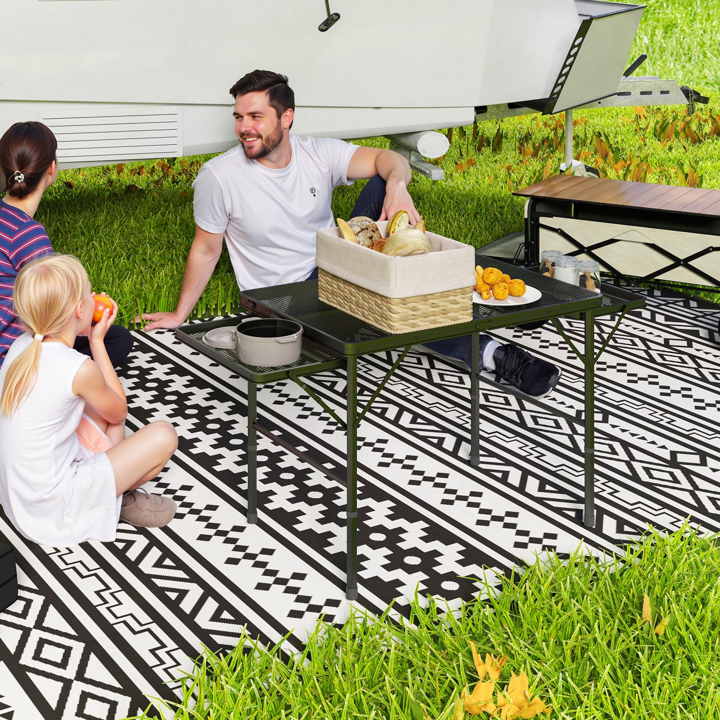 Folding Grill Table, 4.5ft Portable Camping Table with 2 Wing Panels, Height Adjustable Metal Picnic Table for Camping