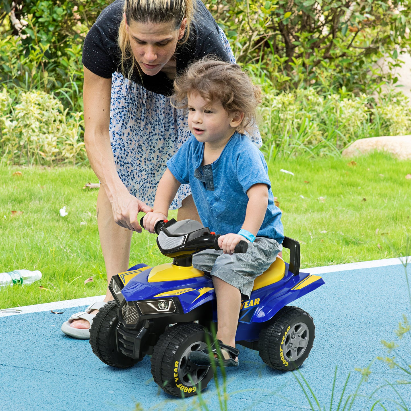Baby Quad Bike Kids Ride On Car Goodyear Licensed Walker Foot To Floor Slider NO POWER w/ Lights Horn Storage Blue for 18-36