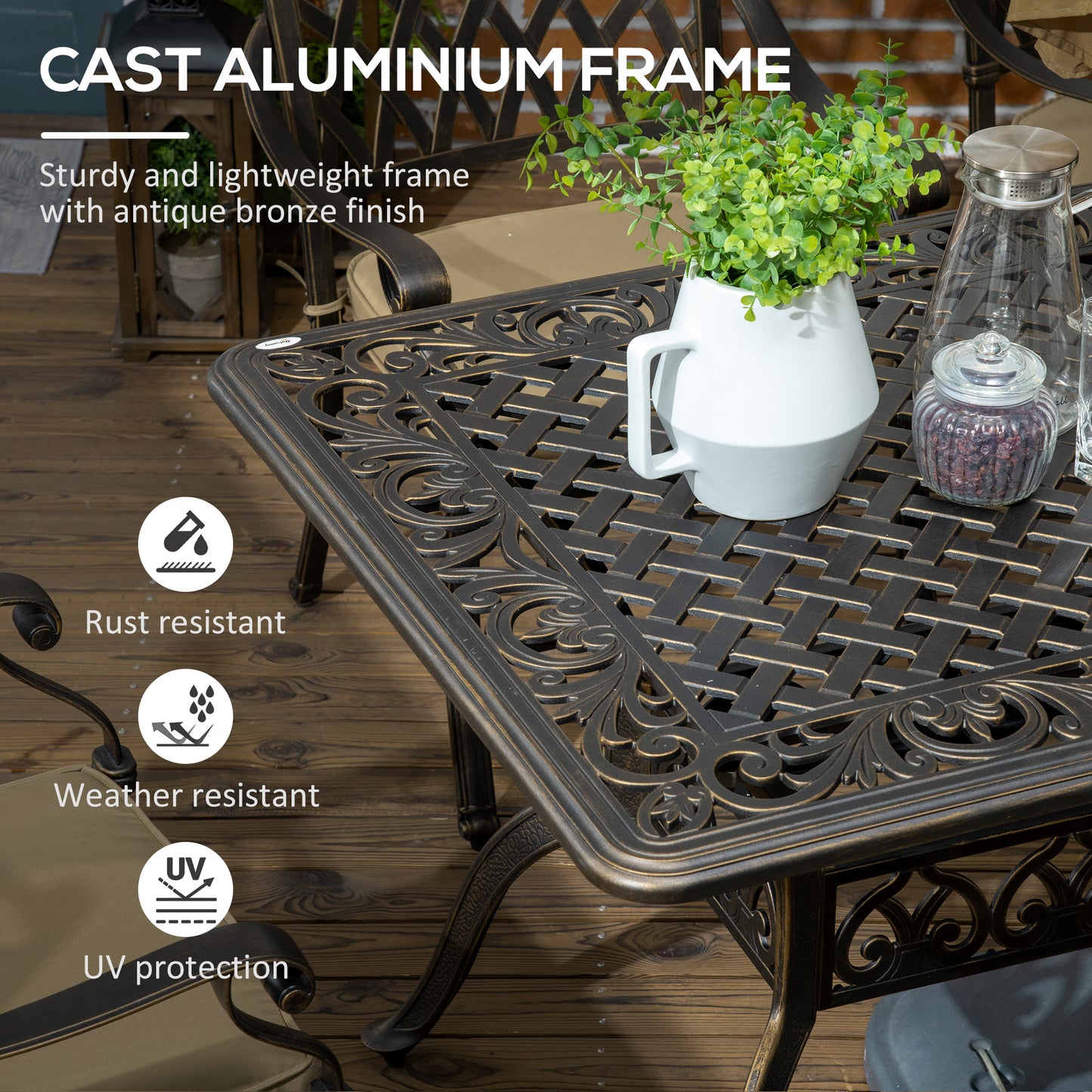 7 PCs Garden Patio Dining Set with Parasol Hole, Cast Aluminium Outdoor Furniture Set with Six Cushioned Chairs and Rectangle