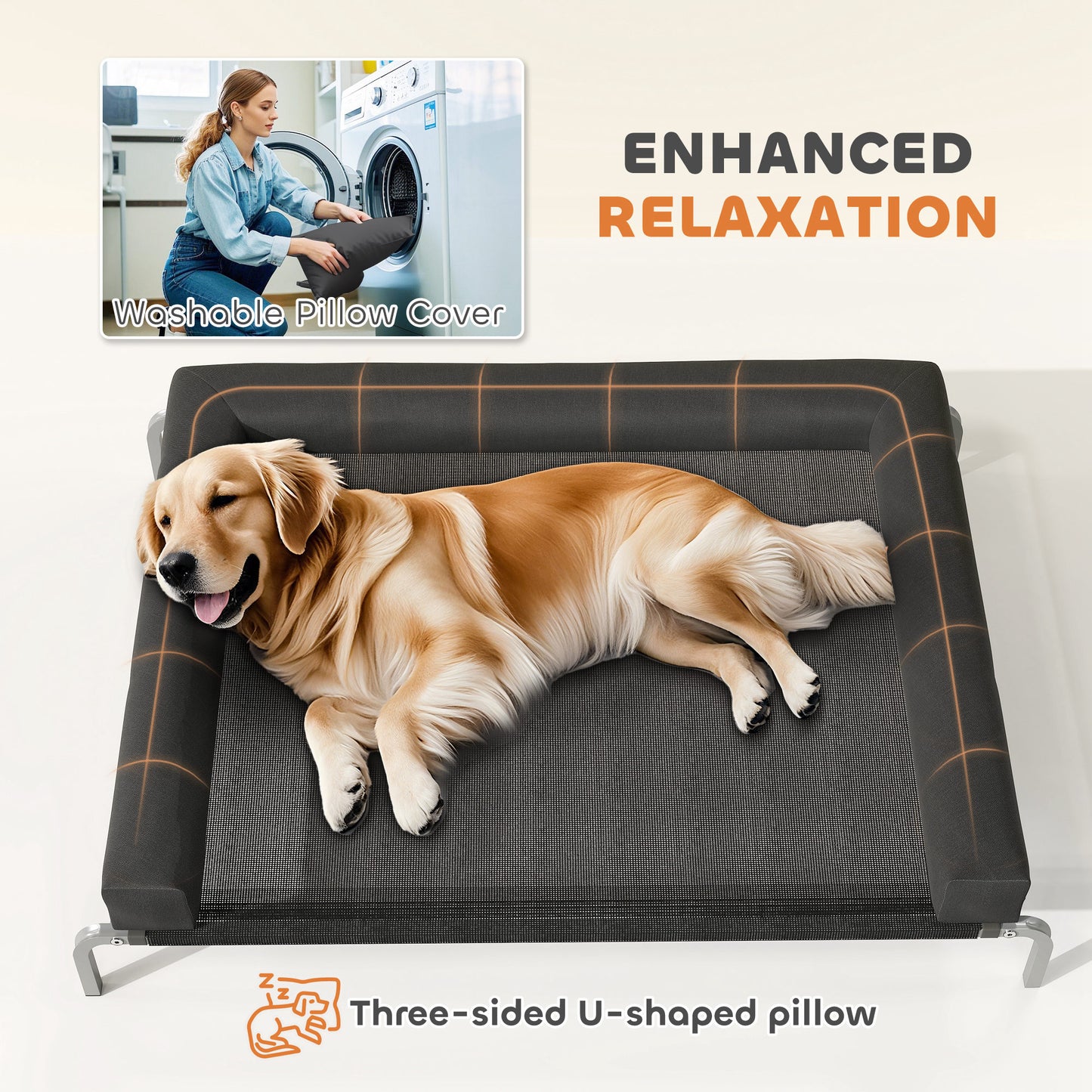 Elevated Dog Bed with Removable Bolsters, Raised Dog Bed for Large Breeds, Portable Indoor & Outdoor Pet Cots, Black