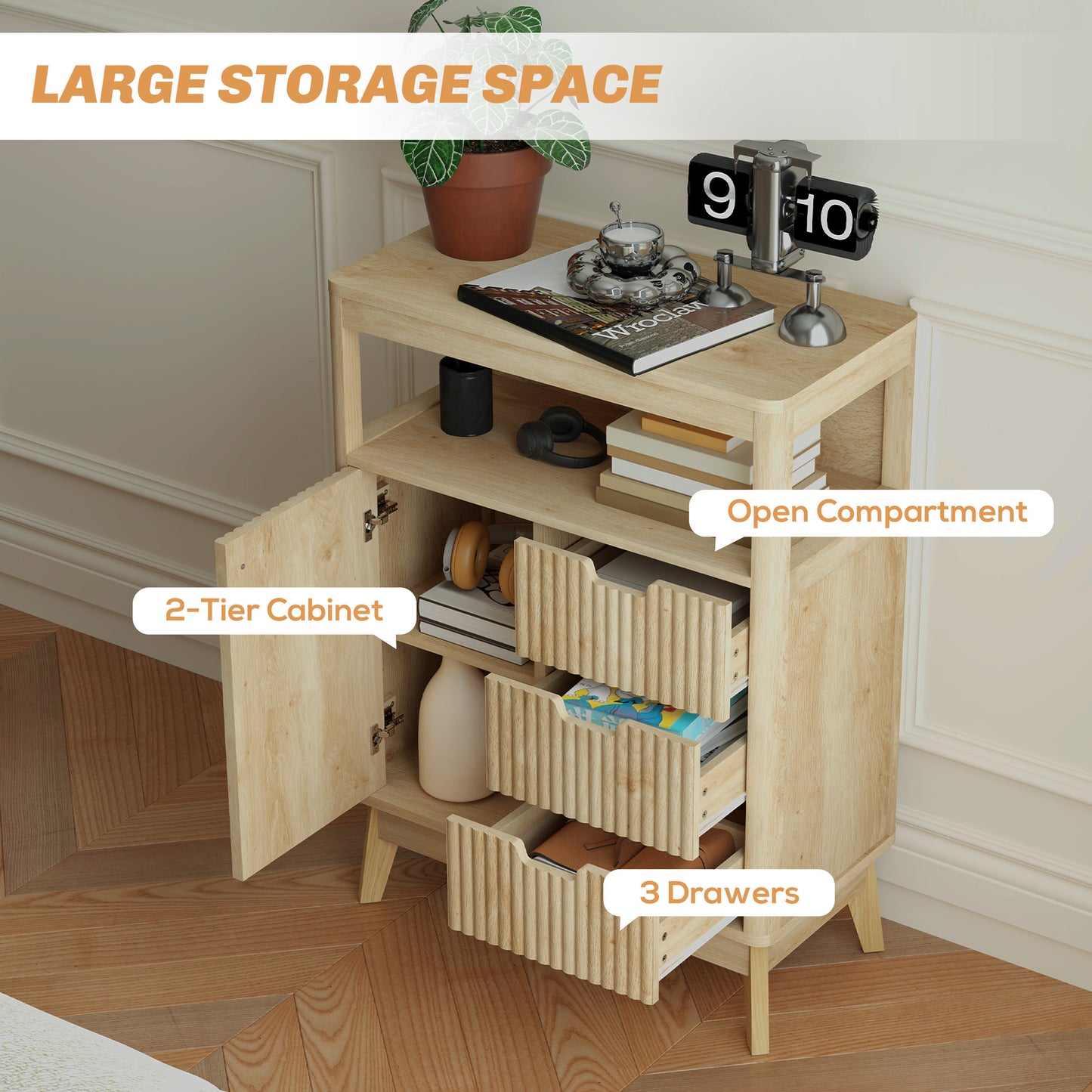 Small Sideboard with Drawers and Adjustable Shelf - Nature Wood Finish