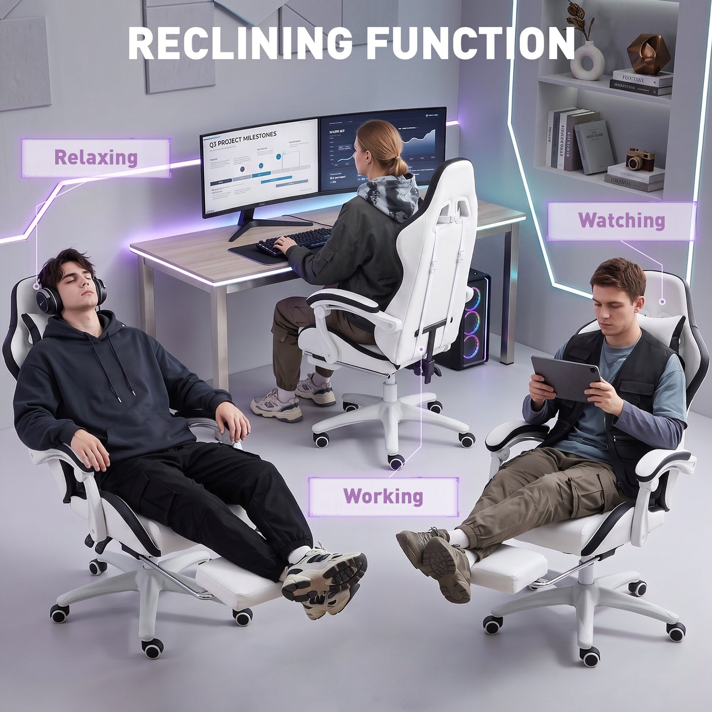 Gaming Chair, Computer Gamer Chair with Reclining High Back, Headrest, Lumbar Support, Footrest, Swivel Wheels, PU Leather