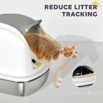 Stainless Steel Cat Litter Box with Lid, for Cats, Enclosed Cat Litter Box with Flip Cover, Scoop
