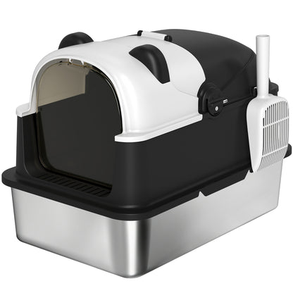 Panda Style XL Stainless Steel Cat Litter Box with Lid, Enclosed Kitty Litter Box with Scoop, 60 x 40 x 45 cm