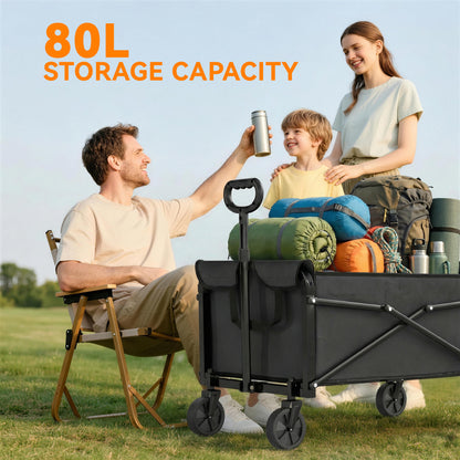 81L Festival Trolley on Wheels, Compact Garden Folding Trolley Cart with Adjustable Handle 80L Black