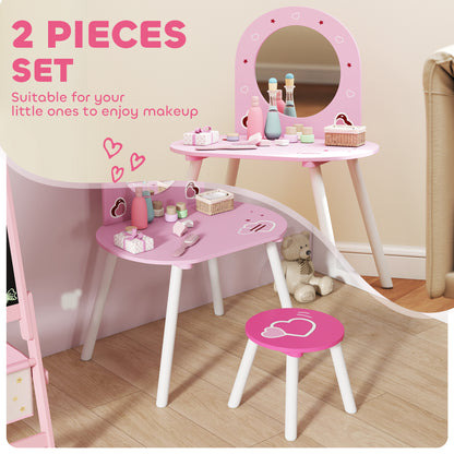 Kids Dressing Table with Mirror and Stool, Girls Vanity Set for Kids Room, Bedroom, Nursery, for Ages 3–6 Years, Pink