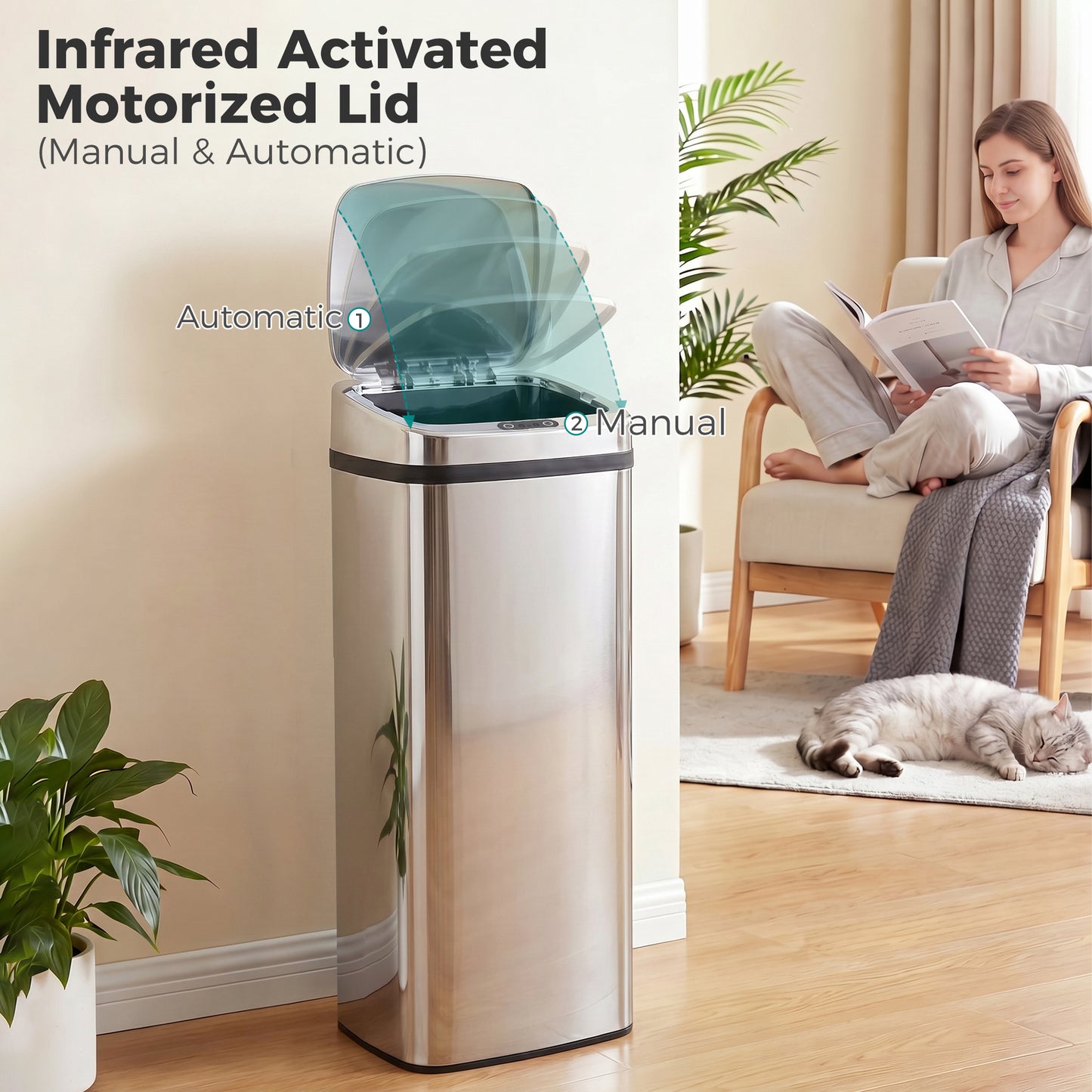 50L Infrared Touchless Automatic Motion Sensor Dustbin Stainless Steel Trash Can Home Office