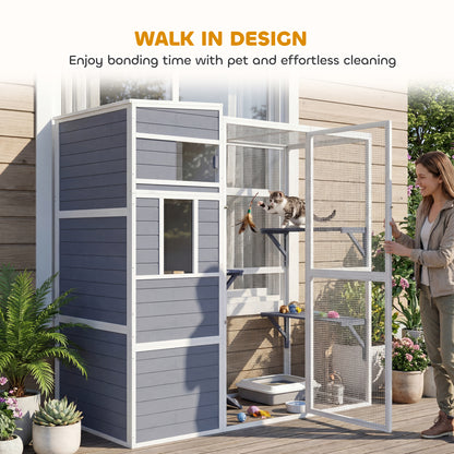 4-Tier Wooden Catio Cat Outdoor Enclosure with Sun Roof, Resting Rooms, 3 Platforms, Window Outdoor Indoor, Grey