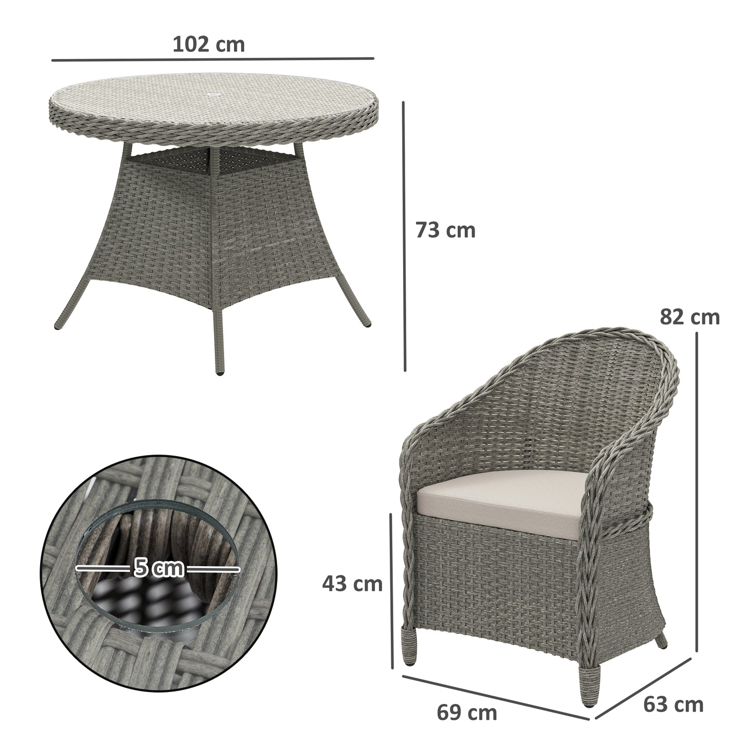 4 Seater Rattan Garden Furniture Set with Cushions, Round PE Rattan Dining Set with Glass-Top Table, Umbrella Hole