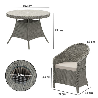 4 Seater Rattan Garden Furniture Set with Cushions, Round PE Rattan Dining Set with Glass-Top Table, Umbrella Hole