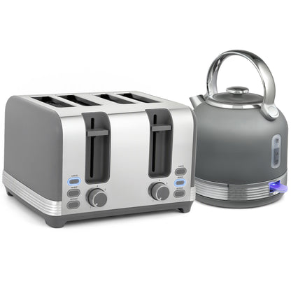 Stainless Steel Kettle and Toaster Set, 1.7L 3000W Cordless Fast Boil Kettle, 4 Slice Toaster Kitchen Set, Grey