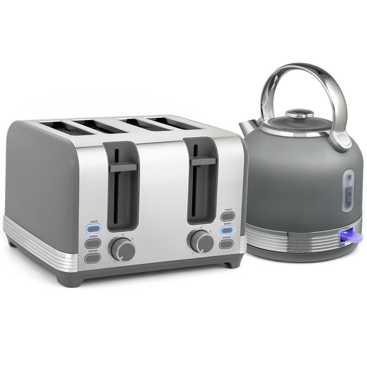 Stainless Steel Kettle and Toaster Set, 1.7L 3000W Cordless Fast Boil Kettle, 4 Slice Toaster Kitchen Set, Grey