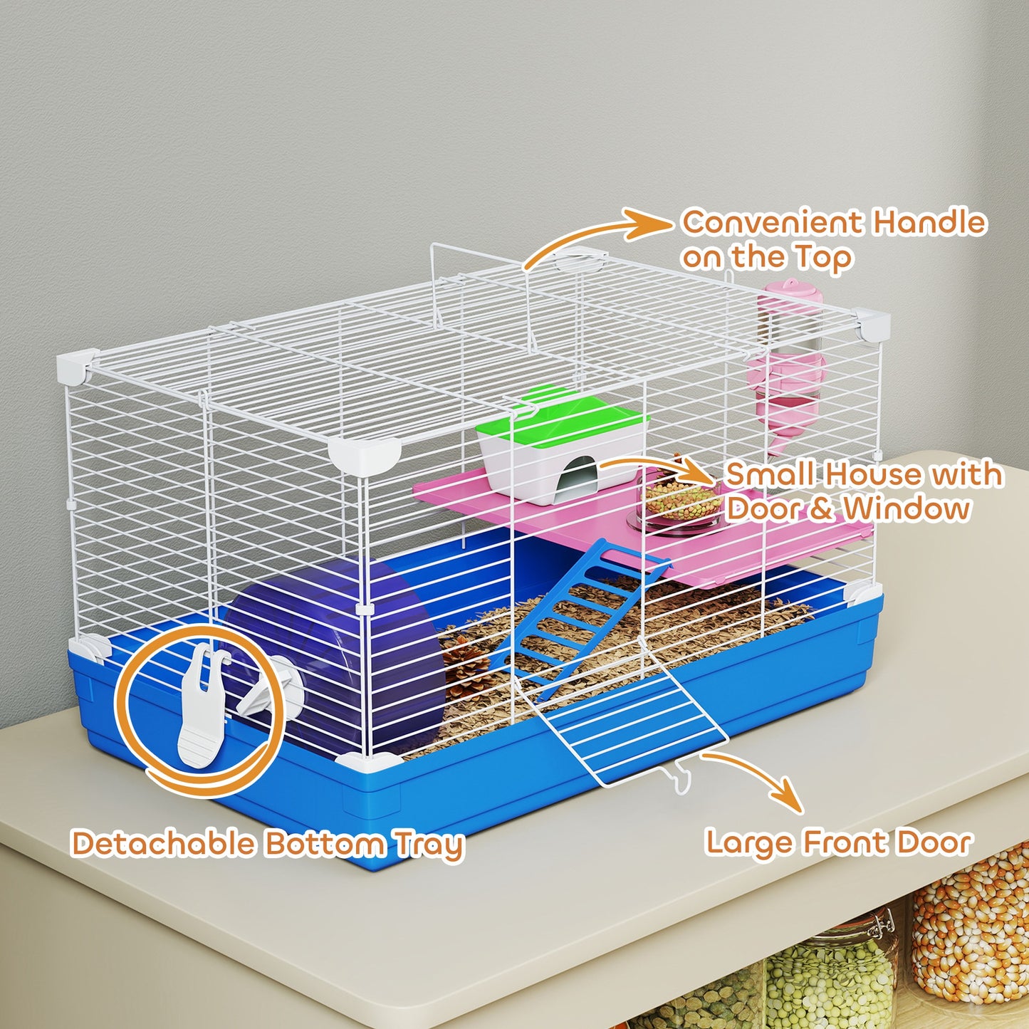 Hamster Cage, Small Gerbil Cage 2 Tiers Portable w/ Handle, Exercise Wheel, Water Bottle, Dishes, Blue