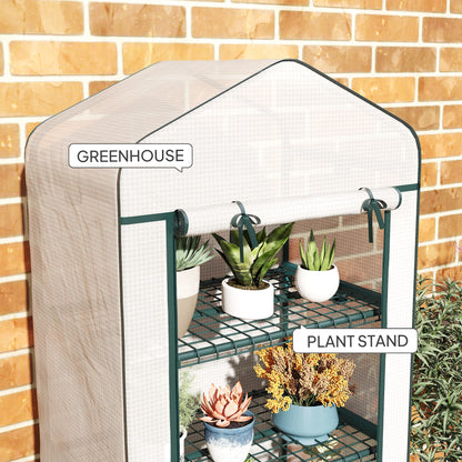 4 Tier Mini Portable Greenhouse Compact Plant Grow Shed Metal Frame PE Cover with Lockable Rolling Wheels, White