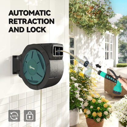 Retractable Hose Reel Wall Mounted, 20+2m Garden Hose Pipe Reel with Lock, Auto Rewind, 7 in 1 Spray Nozzle
