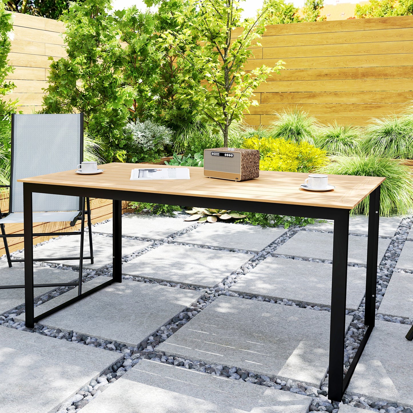 Garden Table for 6 People, 160 x 80 x 75 cm Rectangle Outdoor Dining Table with Slatted Top, Metal Frame, for Balcony, Deck