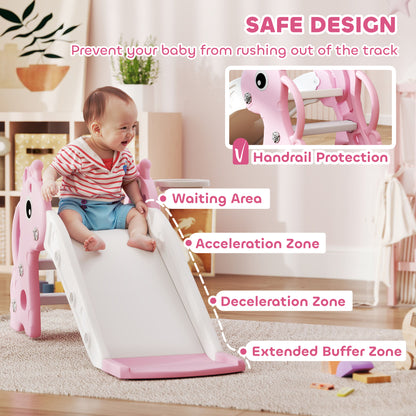 3 in 1 Kids Slide with Climber, Basketball Hoop and Ball, Giraffe Shape Climber Slide for Indoor Kids Age 1-3, Pink