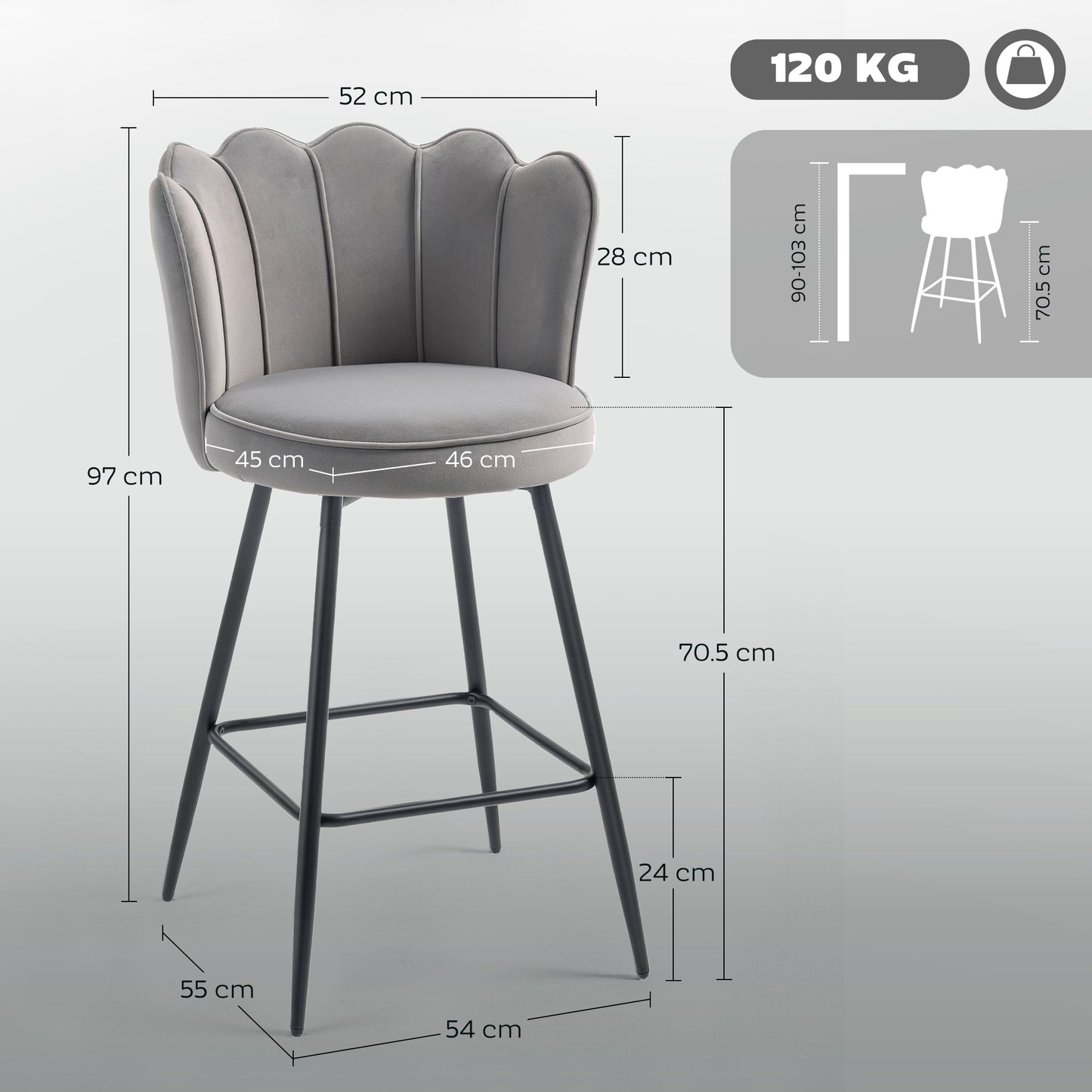 Set of Two Velvet-Feel Lotus Bar Stools - Grey