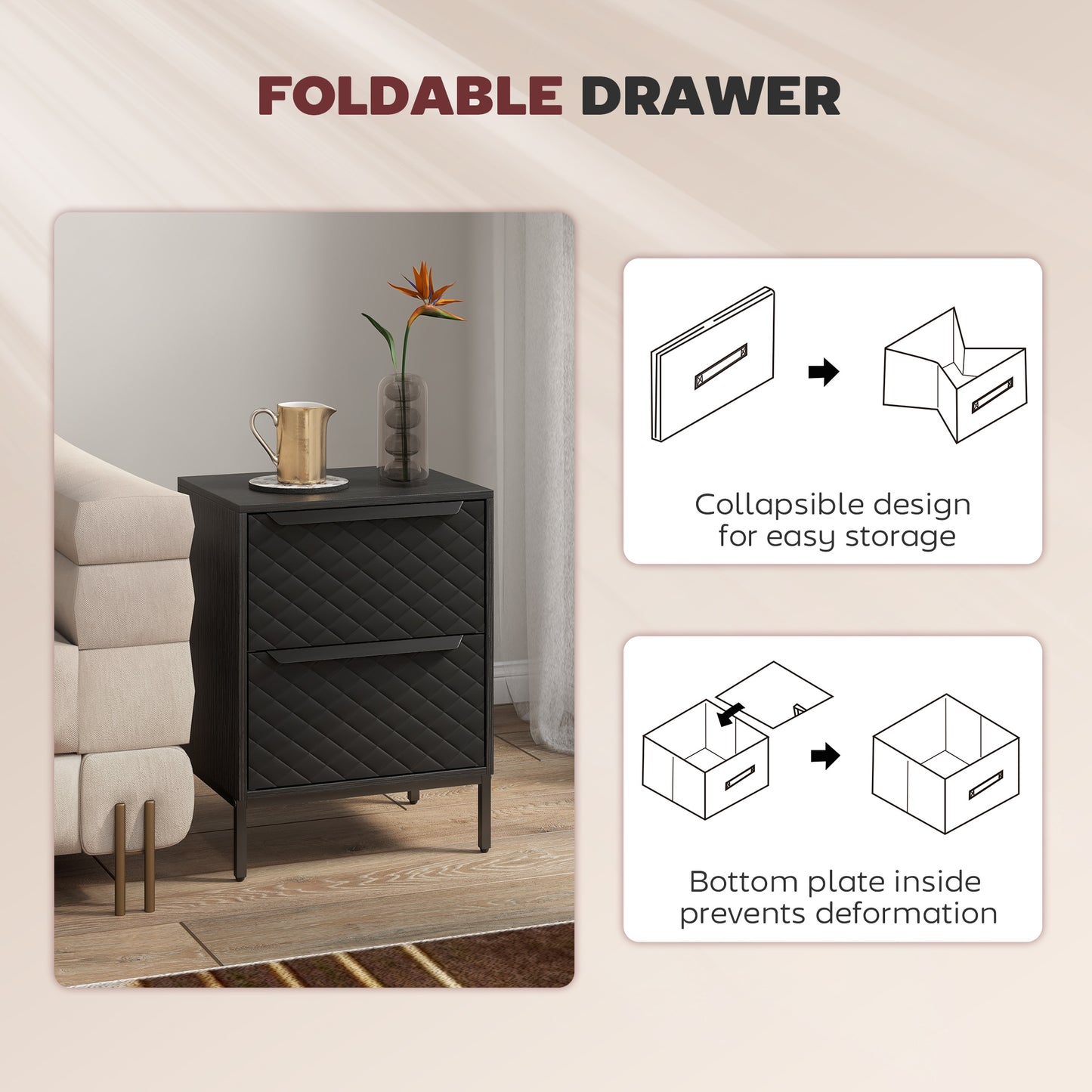 Chest of Drawers, Dresser with 2 Fabric Drawers and Aluminium Handles - Black