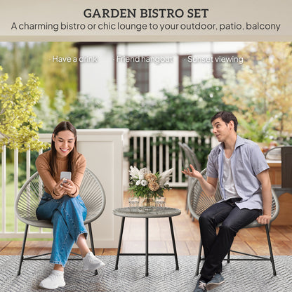 3 Pieces Rattan Bistro Set, Garden Bistro Set with Acapulco Chairs and Glass Top Table