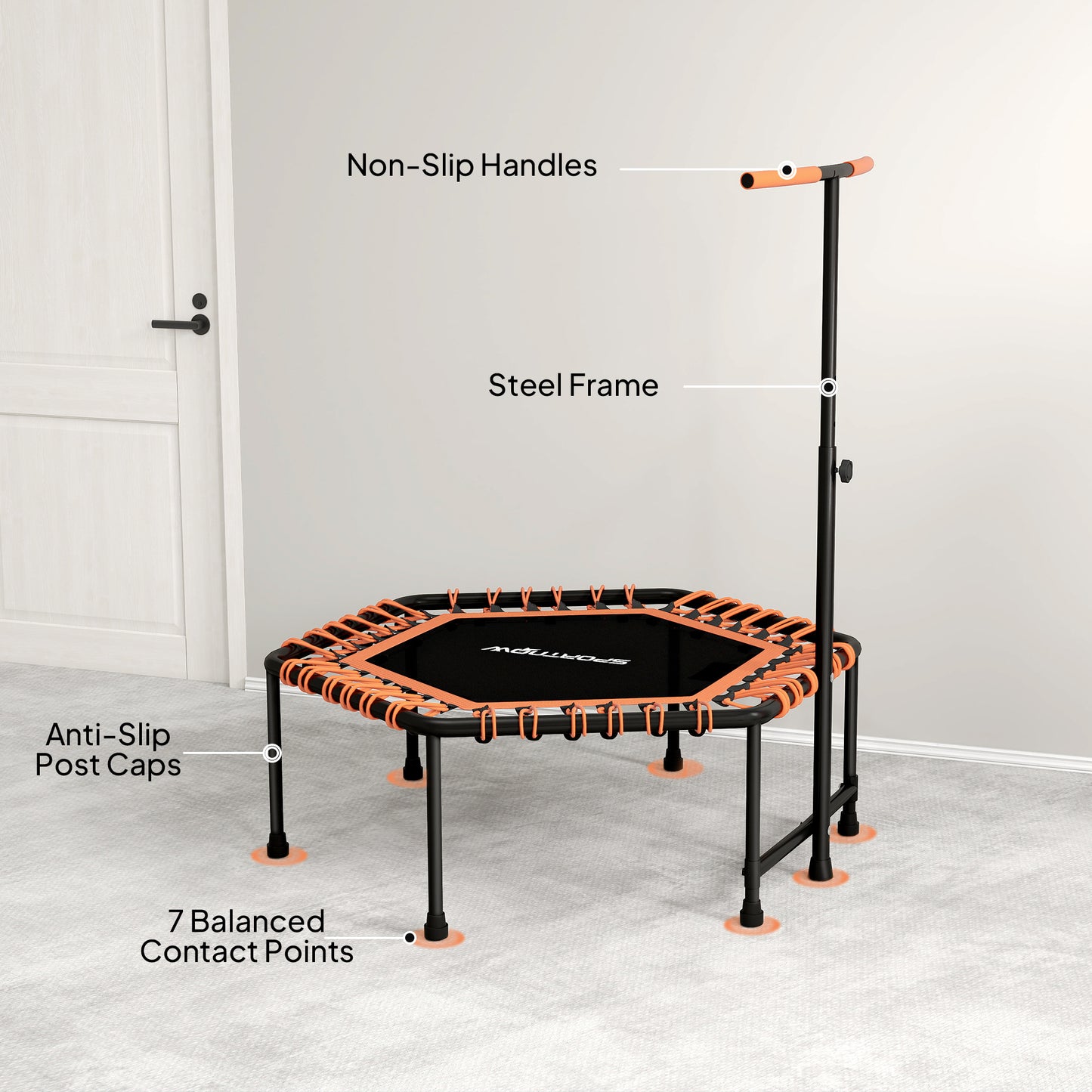 45" Rebounder Trampoline for Adults, Quiet Bungee Rebounder with LED Lights and Adjustable Handle, Orange