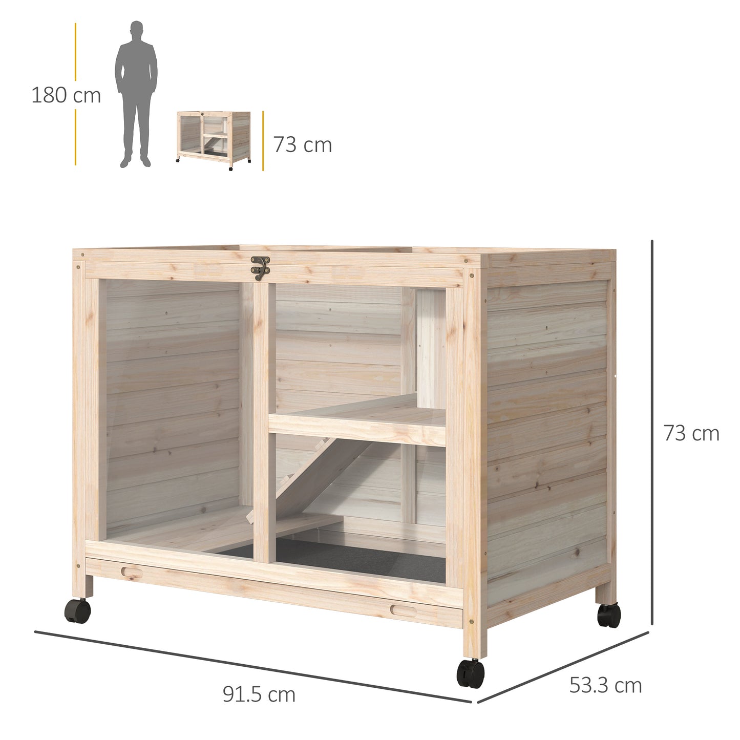 Rabbit Hutch Indoor with Wheels, Wooden Guinea Pig House Hamster Cage, 2 Layers Bunny Cage with Openable Roof