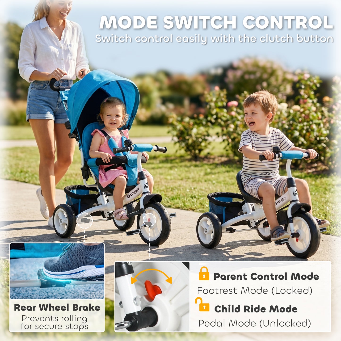 6 in 1 Kids Trike with Parent Handle, Canopy, 5-point Seat Belt, Storage, Footrest, Brake, for 1-5 Years, Blue