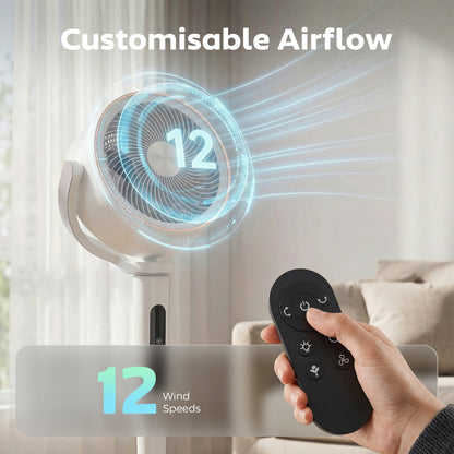 20dB Silent Standing Fan, 70°+90° Auto Oscillating Fan with 12 Speeds, LED Light, Air Circulator, Remote Control, 12H Timer