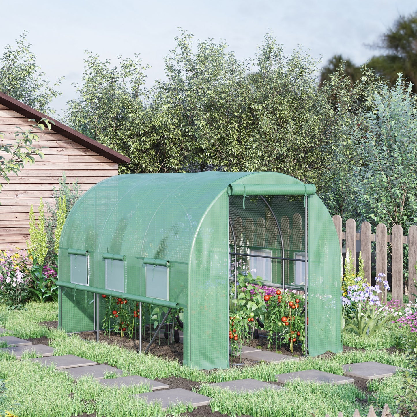 Walk-in Polytunnel Greenhouse Green House with Roll-up Sidewalls, UV-resistant PE Cover, 3 x 2 x 2m, Green