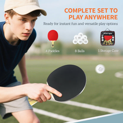 Portable Table Tennis Set with Four Rackets, Eight Balls, Storage Case