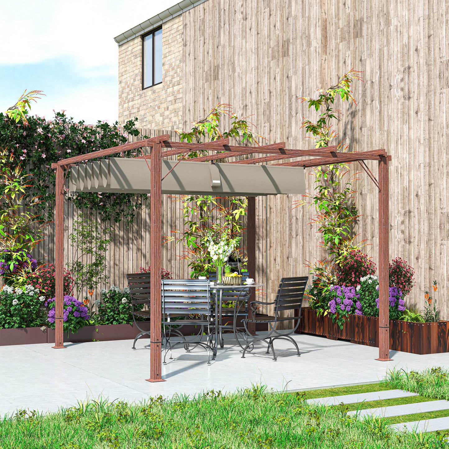3 x 3 m Retractable Roof Pergola - Natural Wood Finish