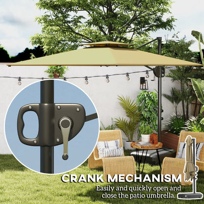 Cantilever Parasol with Weighted Base Double Top Garden Parasol Square Hanging Patio Umbrella with Crank Tilt Khaki
