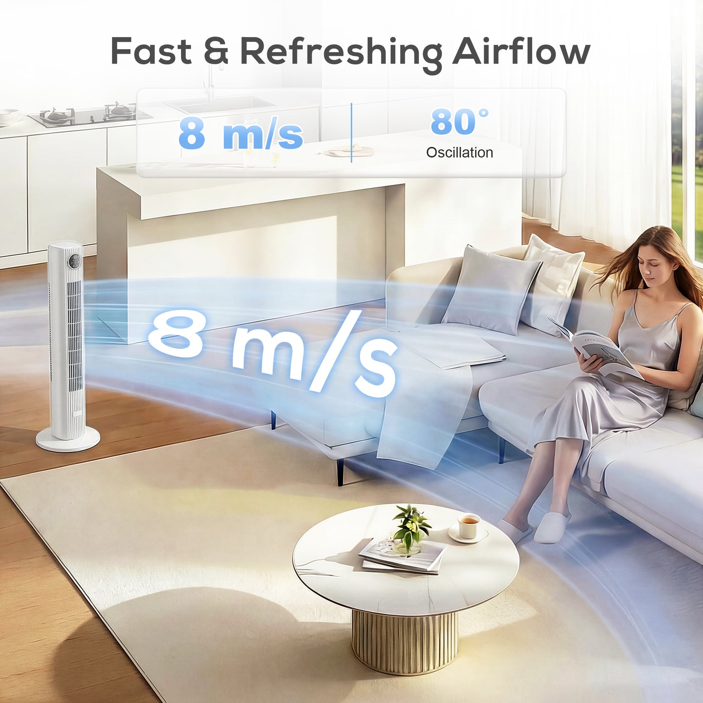 28dB Tower Fan for Bedroom, 36 inch, 8 m/s Velocity Standing Cooling Fan with 80° Oscillating, BLDC Motor, 12 Speeds