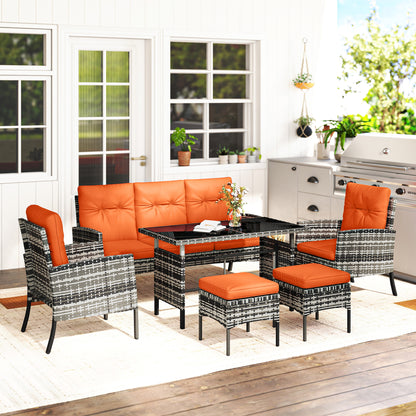 6 Pieces Rattan Garden Furniture Set with Dining Table and Cushions, Orange
