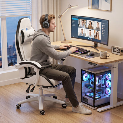Gaming Chair, Computer Gamer Chair with Reclining High Back, Headrest, Lumbar Support, Footrest, Swivel Wheels, PU Leather