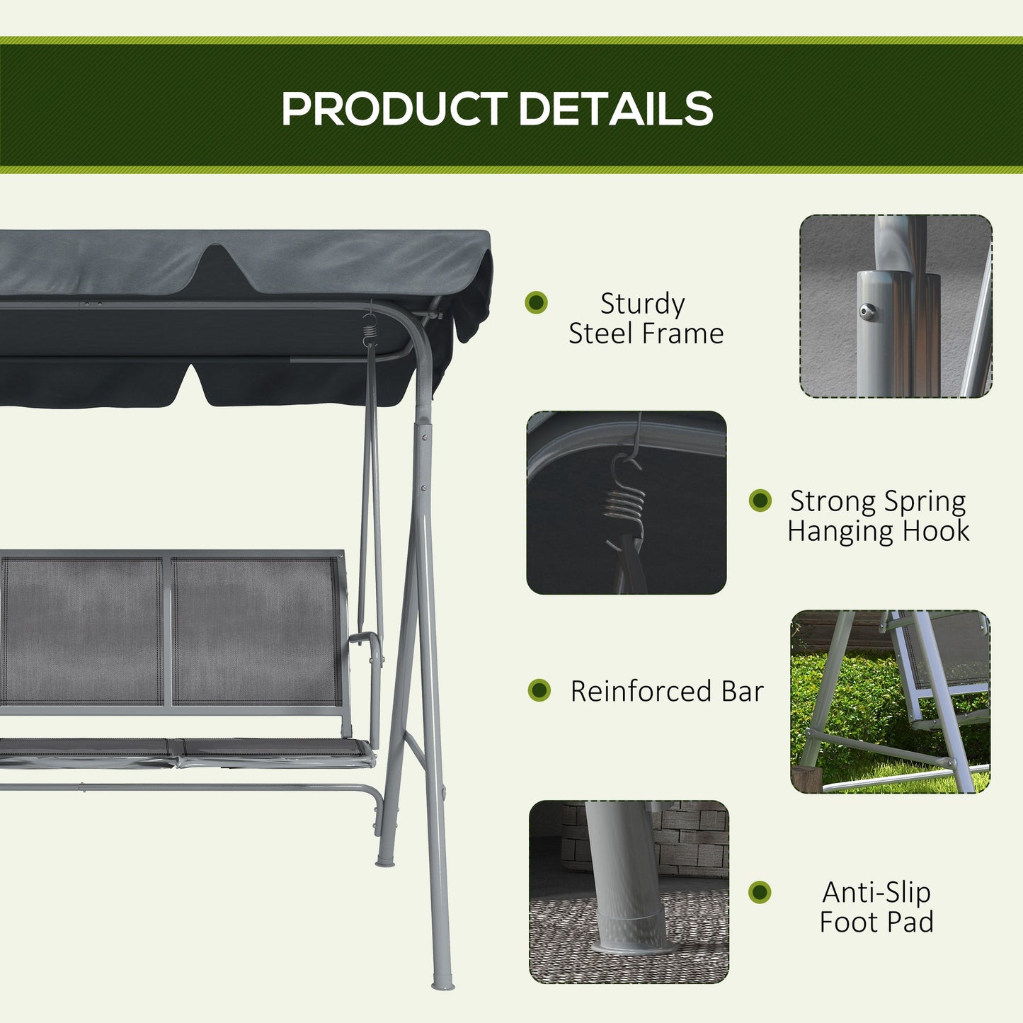 3 Seater Swing Chair, Garden Swing Bench with Adjustable Tilting Canopy