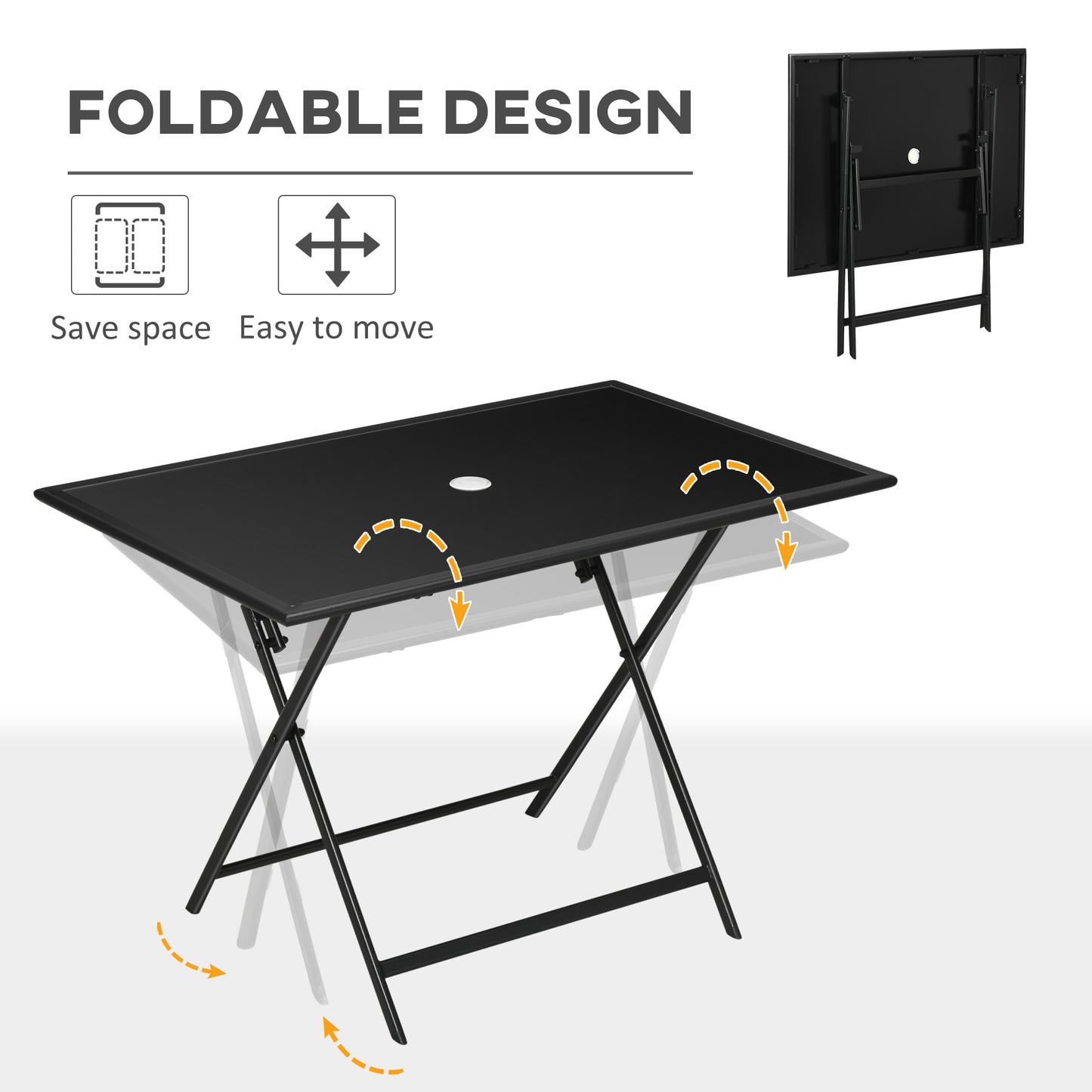 Folding Outdoor Dining Table for 6, Rectangle Garden Table Tempered Glass Top with Parasol Hole for Patio, Balcony, Terrace