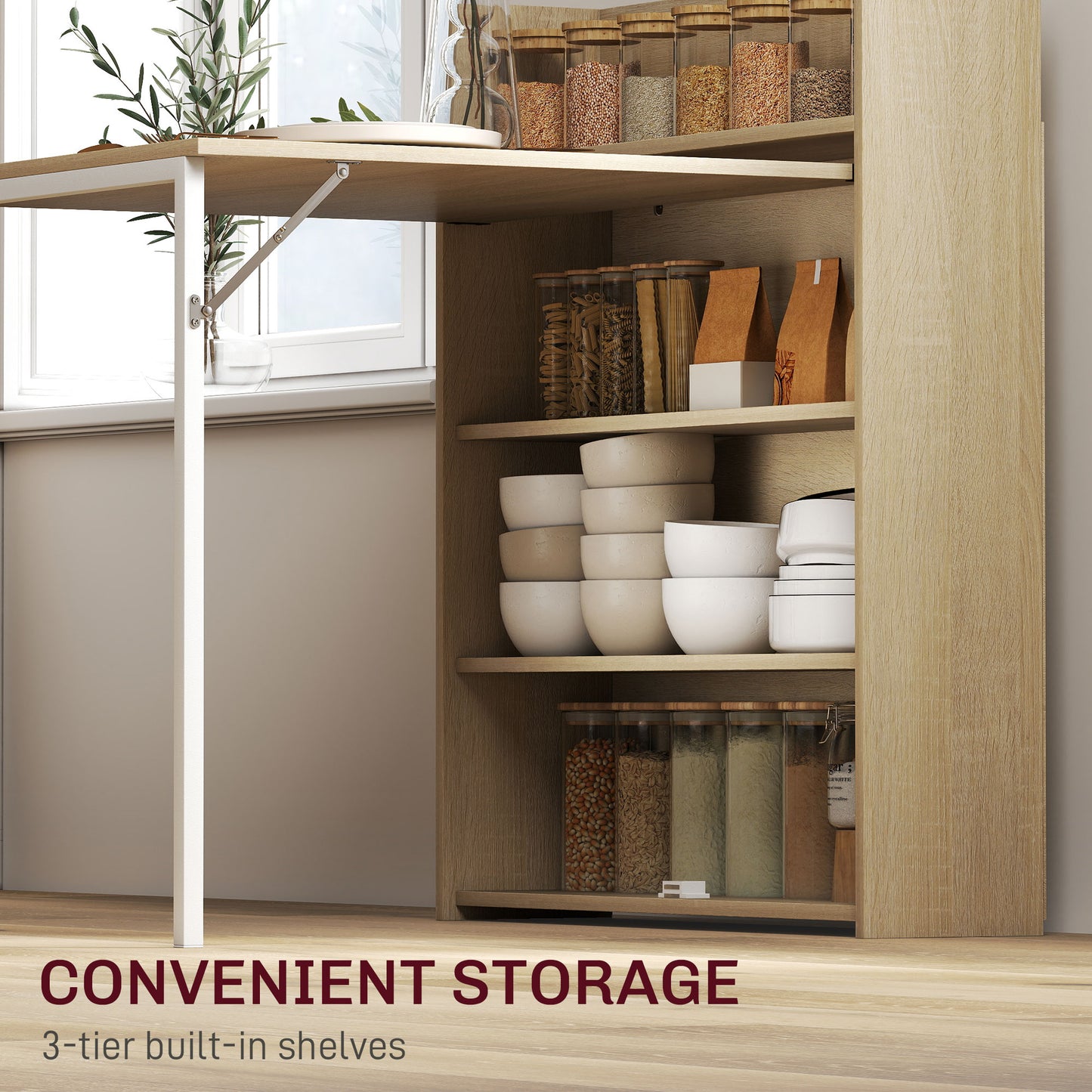 Kitchen Table, Folding Dining Table, with 4-Tier Shelves, Modern Drop-Leaf Table, Oak Wood Effect