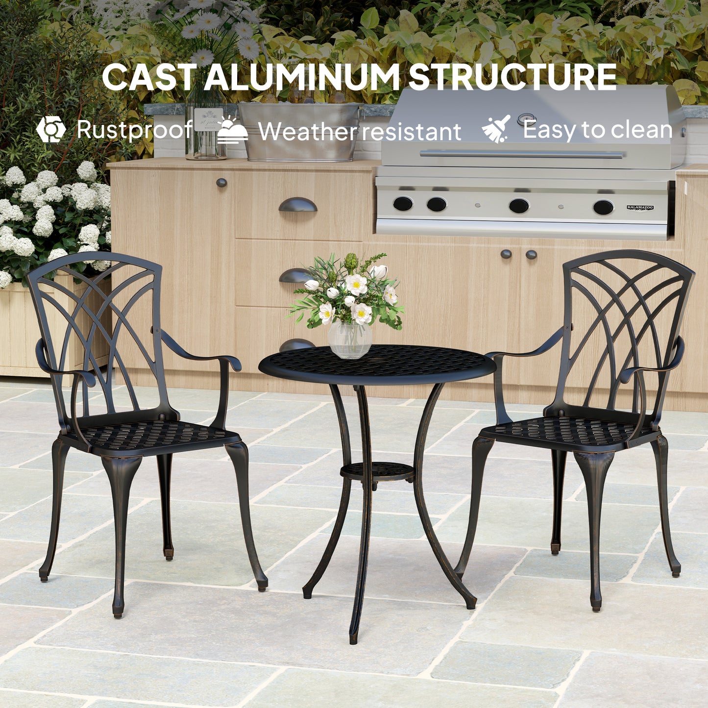3 Pieces Garden Dining Set for 2, Cast Aluminium Outdoor Dining Set with 2 Armchairs and Round Dining Table with Parasol Hole