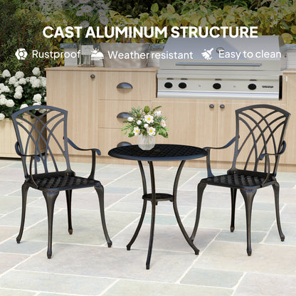 3 Pieces Garden Dining Set for 2, Cast Aluminium Outdoor Dining Set with 2 Armchairs and Round Dining Table with Parasol Hole