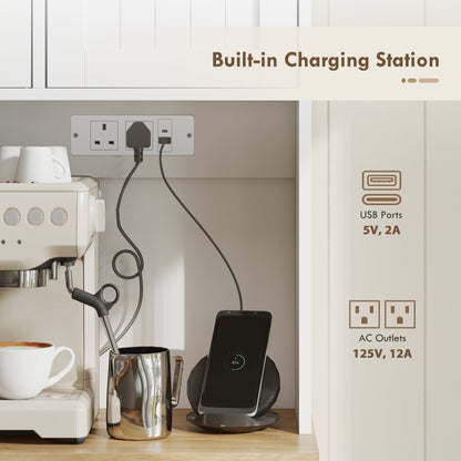 173 cm Tall Kitchen Cupboard with Charging Station, Pantry Storage Cabinet with Adjustable Shelves and 4 Door Racks