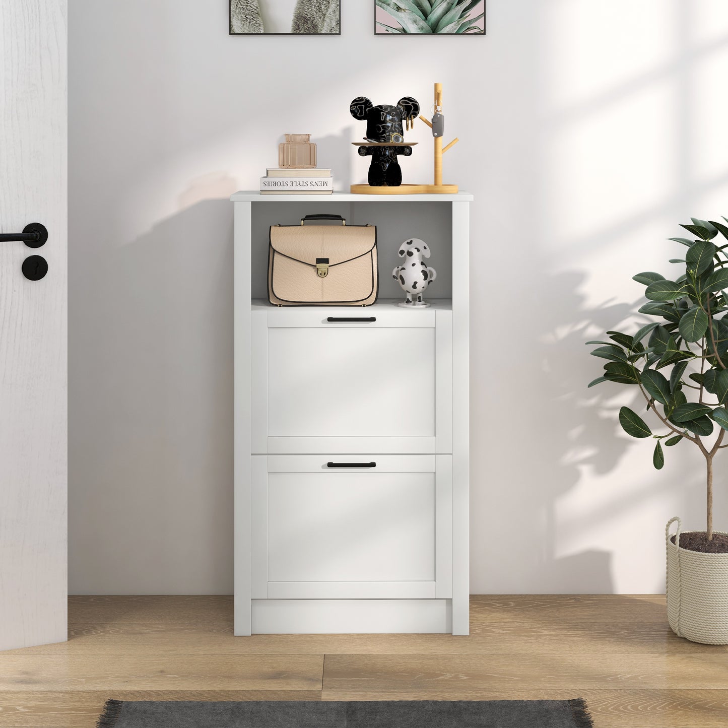 Modern Shoe Cabinet with 2 Flip Drawers and Adjustable Shelves, Narrow Shoe Storage Cabinet with Open Compartment
