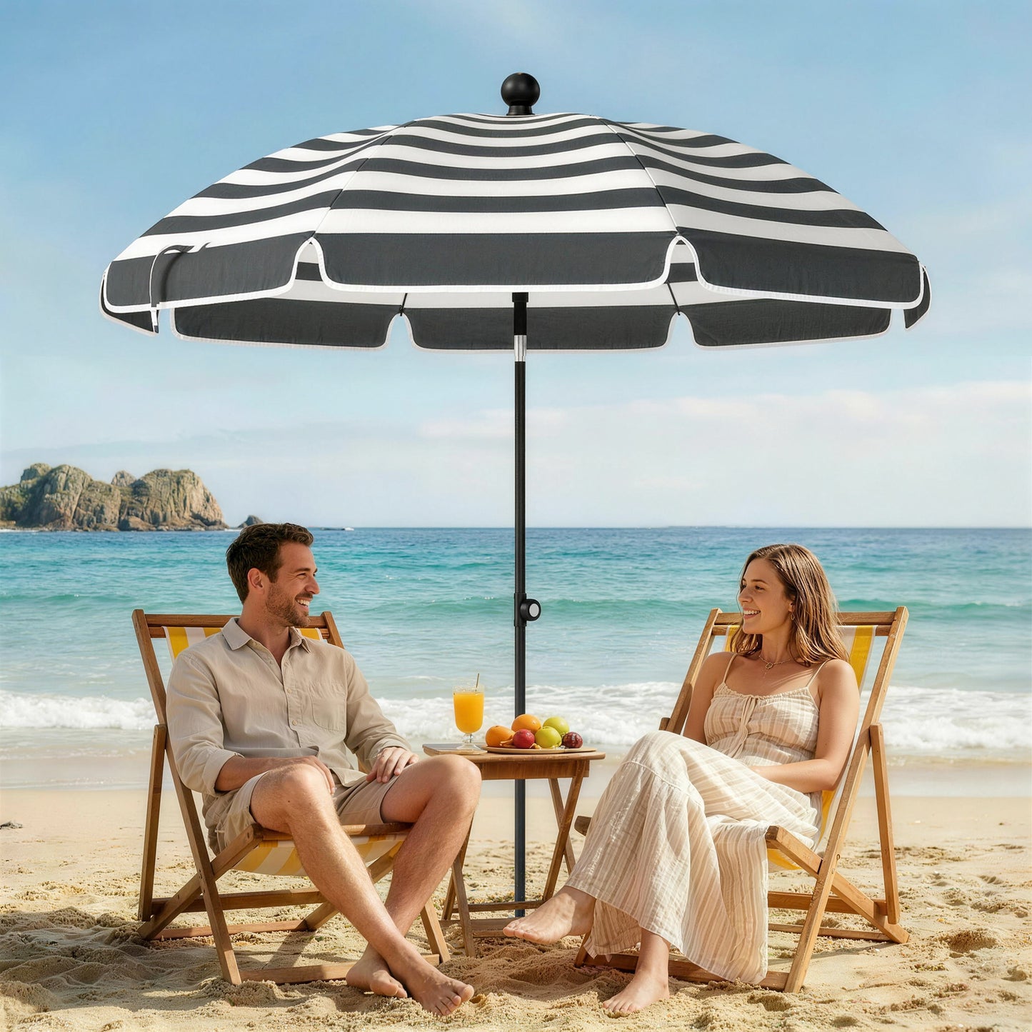1.8 m Beach Umbrella Parasol with Sand Anchor, Portable 30° Tilting Patio Sun Shade with Adjustable Height, Grey/White