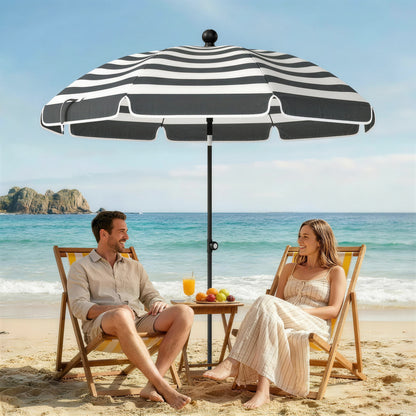 1.8 m Beach Umbrella Parasol with Sand Anchor, Portable 30° Tilting Patio Sun Shade with Adjustable Height, Grey/White