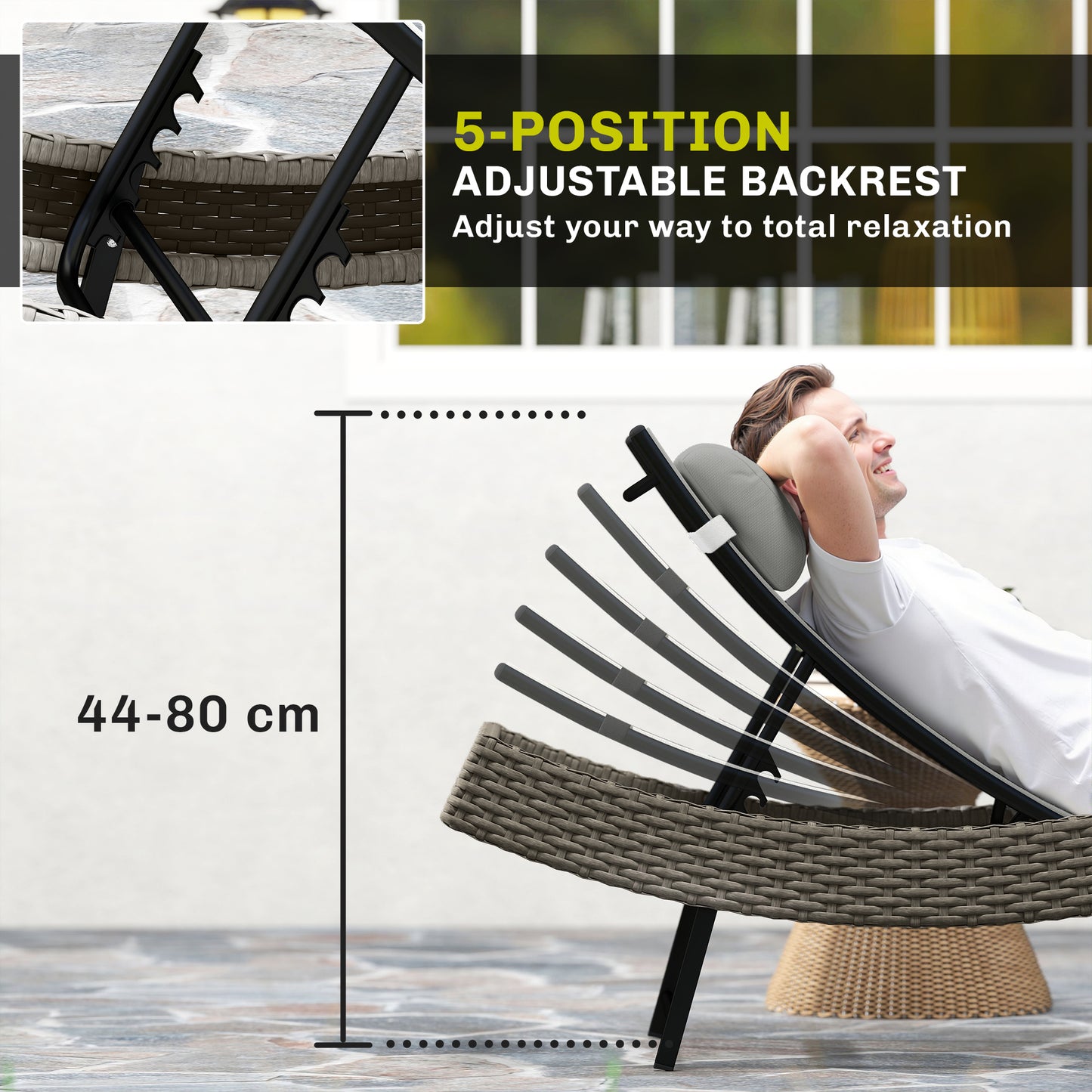 Rattan Sun Lounger, Garden Recliner with 5 Position Adjustable Back, S Shaped Texteline Seat, Headrest, Light Grey