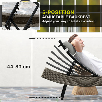 Rattan Sun Lounger, Garden Recliner with 5 Position Adjustable Back, S Shaped Texteline Seat, Headrest, Light Grey