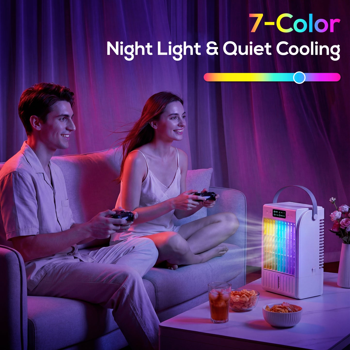 Portable Air Conditioner, 4-in-1 Mini Air Cooler with 4 Wind Speed, 2 Cool Mist, RGB 7 LED Light, White